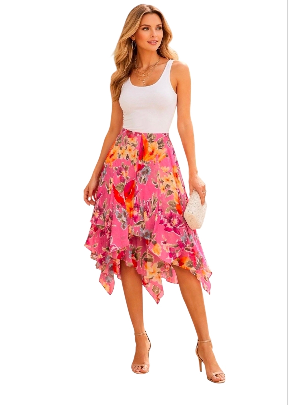 Lauren Ralph Lauren Women's Pink Floral Asymmetrical Handkerchief Hem Skirt 14P - Picture 2 of 16